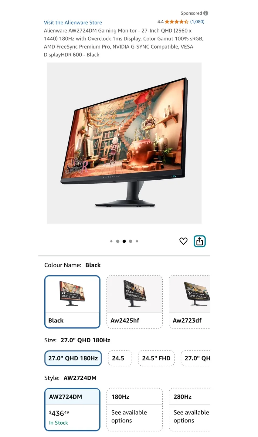 Alienware AW2724DM 27" QHD Gaming Monitor thumbnail
