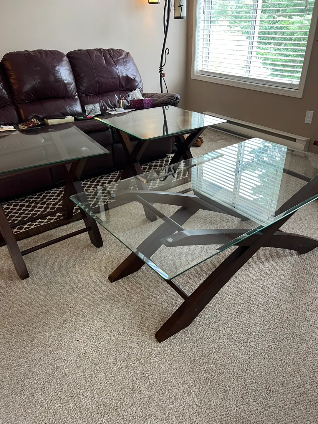 Beveled Glass Top wood Coffee Table and 2 end tables thumbnail