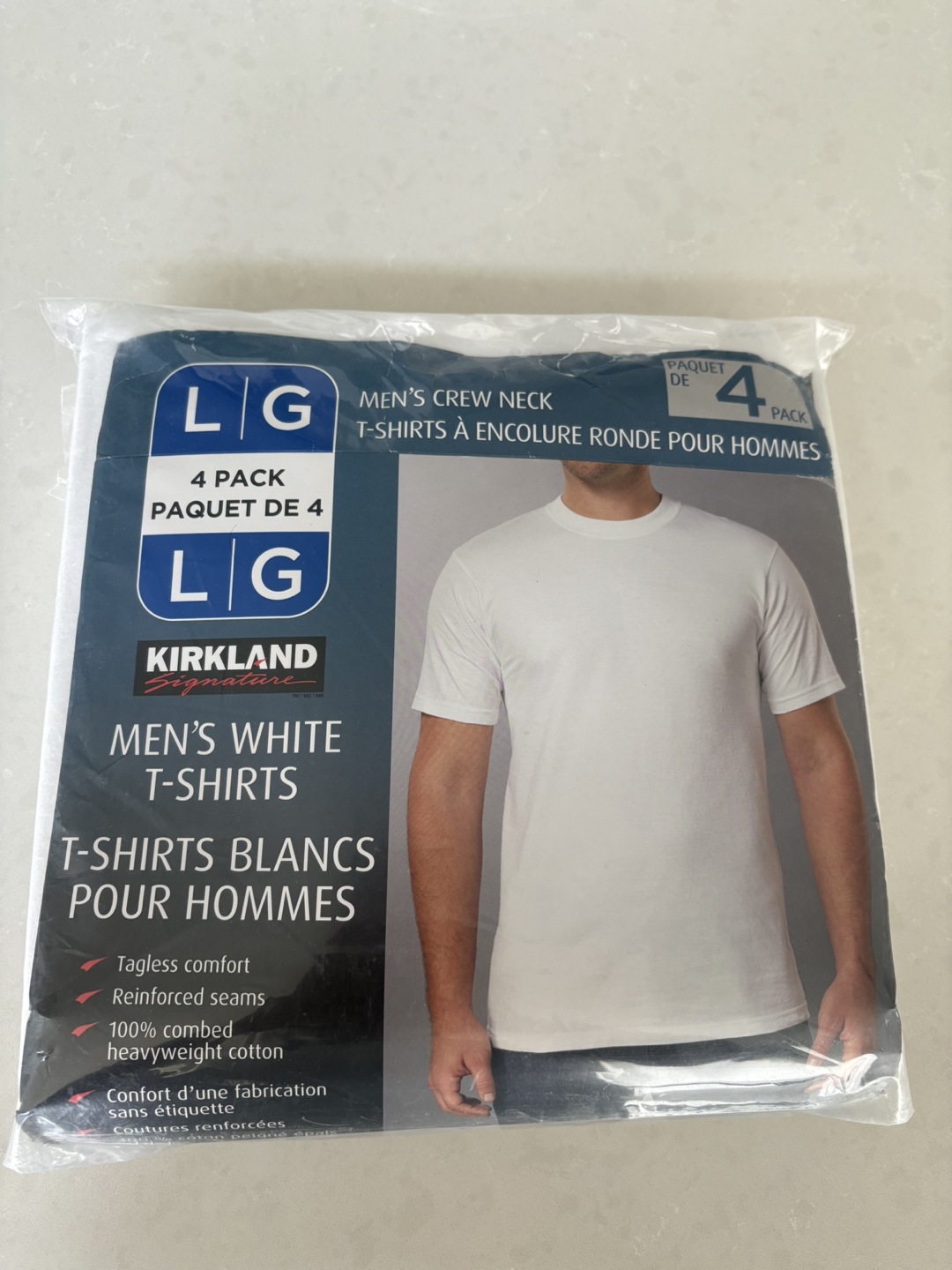 Kirkland Signature Men's White T-Shirts, Large,3-Pack
