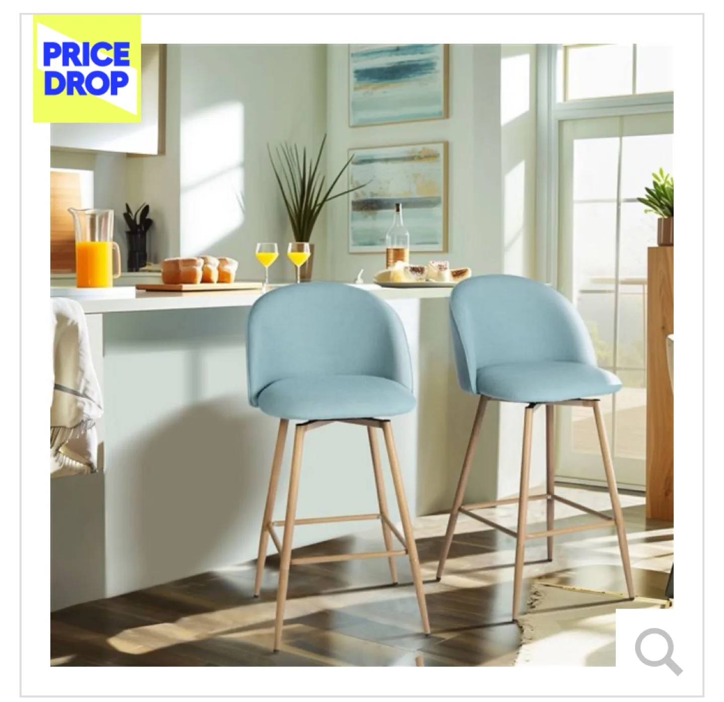 Homy Casa 26-in Blue Fabric Counter Stool with Oak Finish Legs thumbnail