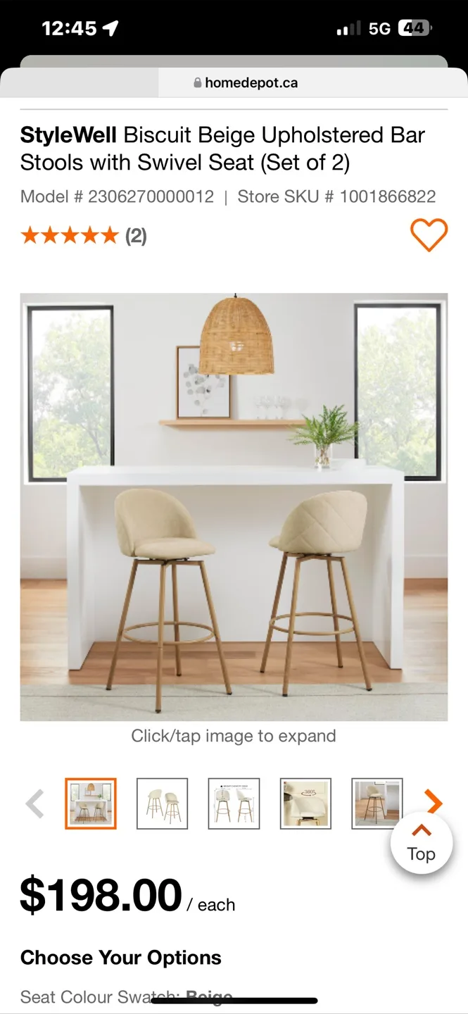 Biscuit Beige Upholstered Bar Stools with Swivel Seat (Set of 2) thumbnail