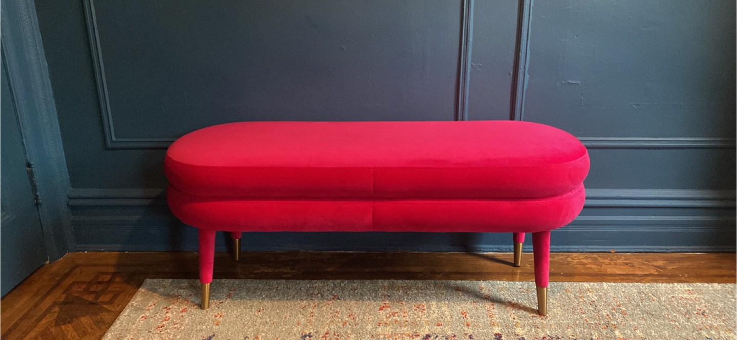 Magenta Pink Velvet Modern Bench with Gold Feet