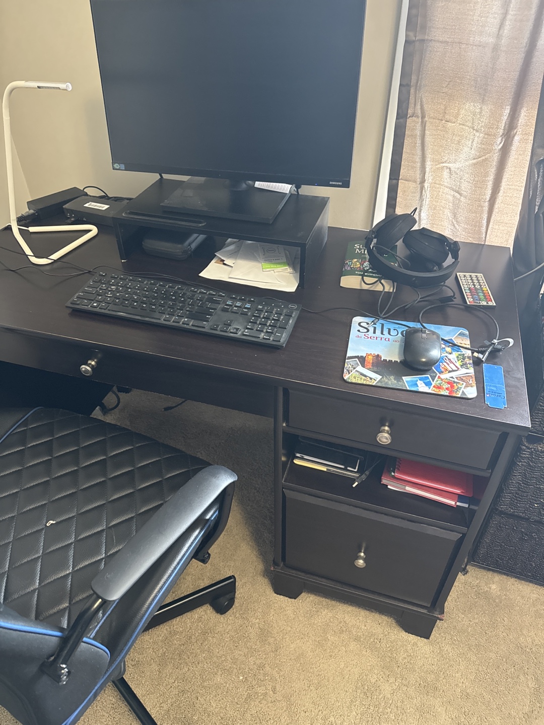 Dark Brown Wooden Desk with Drawers