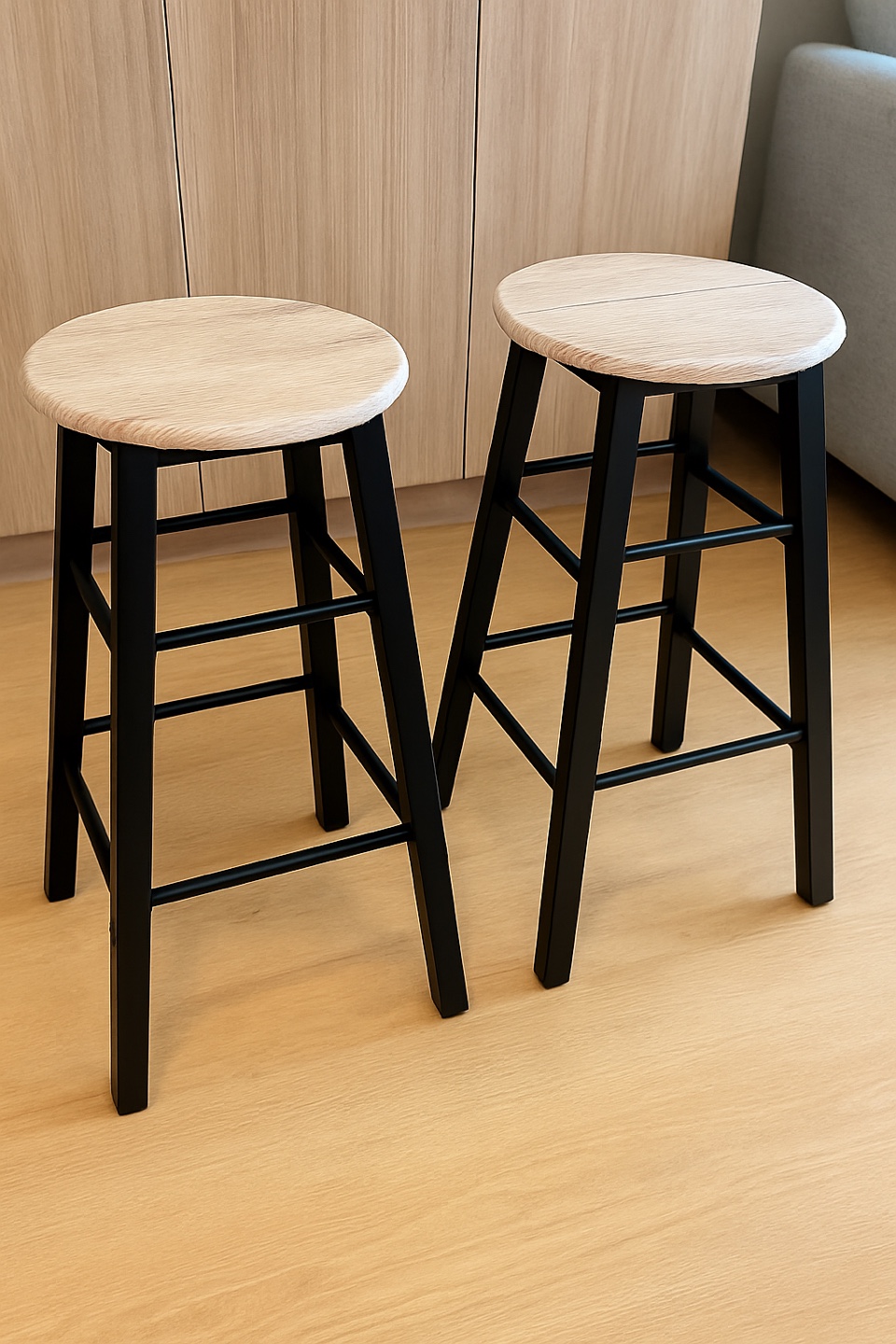 Two Black & Wood Bar Stools