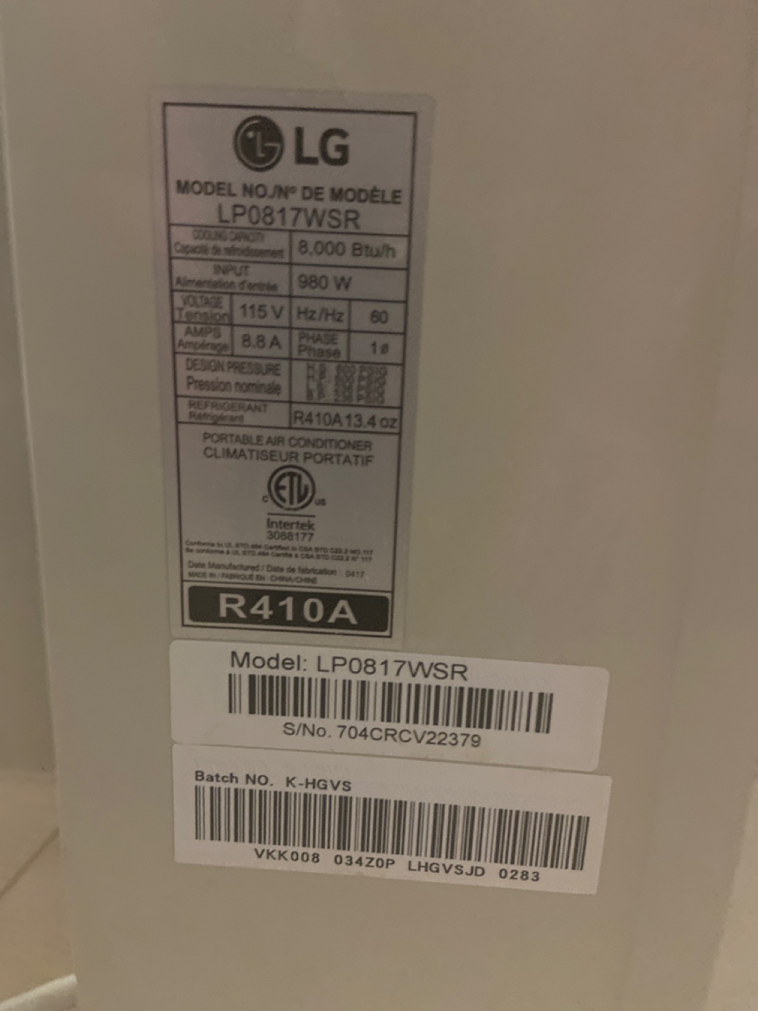 LG Portable Air Conditioner LP0817WSR - photo 2