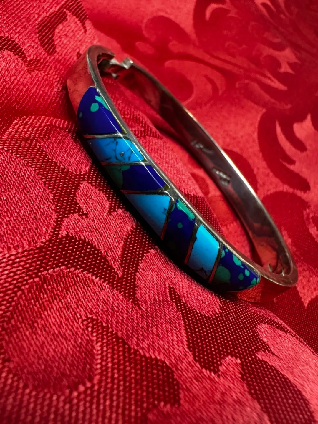 Inlaid Stone & Solid Sterling 925 Silver Bangle Bracelet thumbnail
