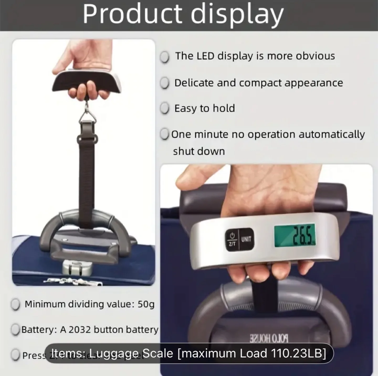HOTU Digital Luggage Scale - Max 50kg/110lb image indicator(3)
