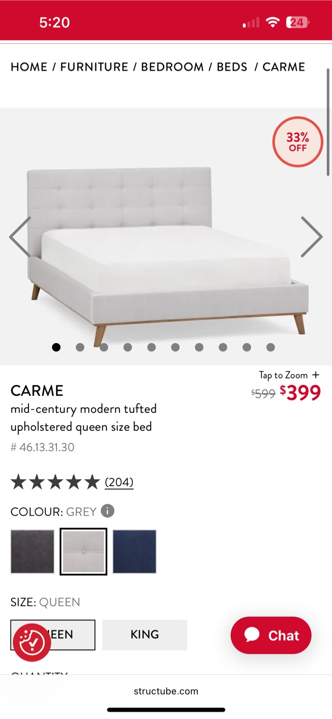Carme Mid-Century Modern Tufted Queen Bed - Grey - photo 4