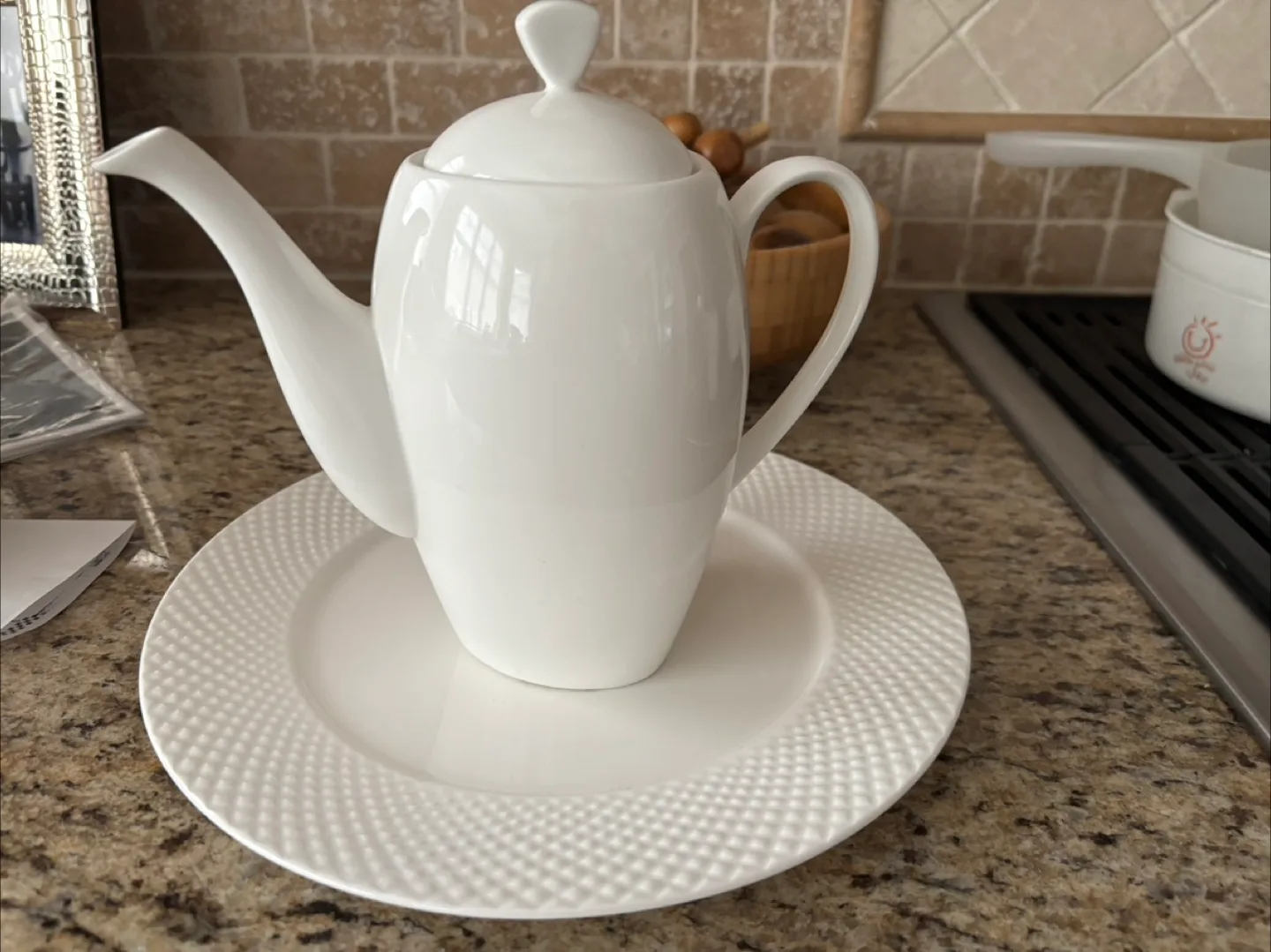 White Teapot with Plate and 4 Glasses thumbnail