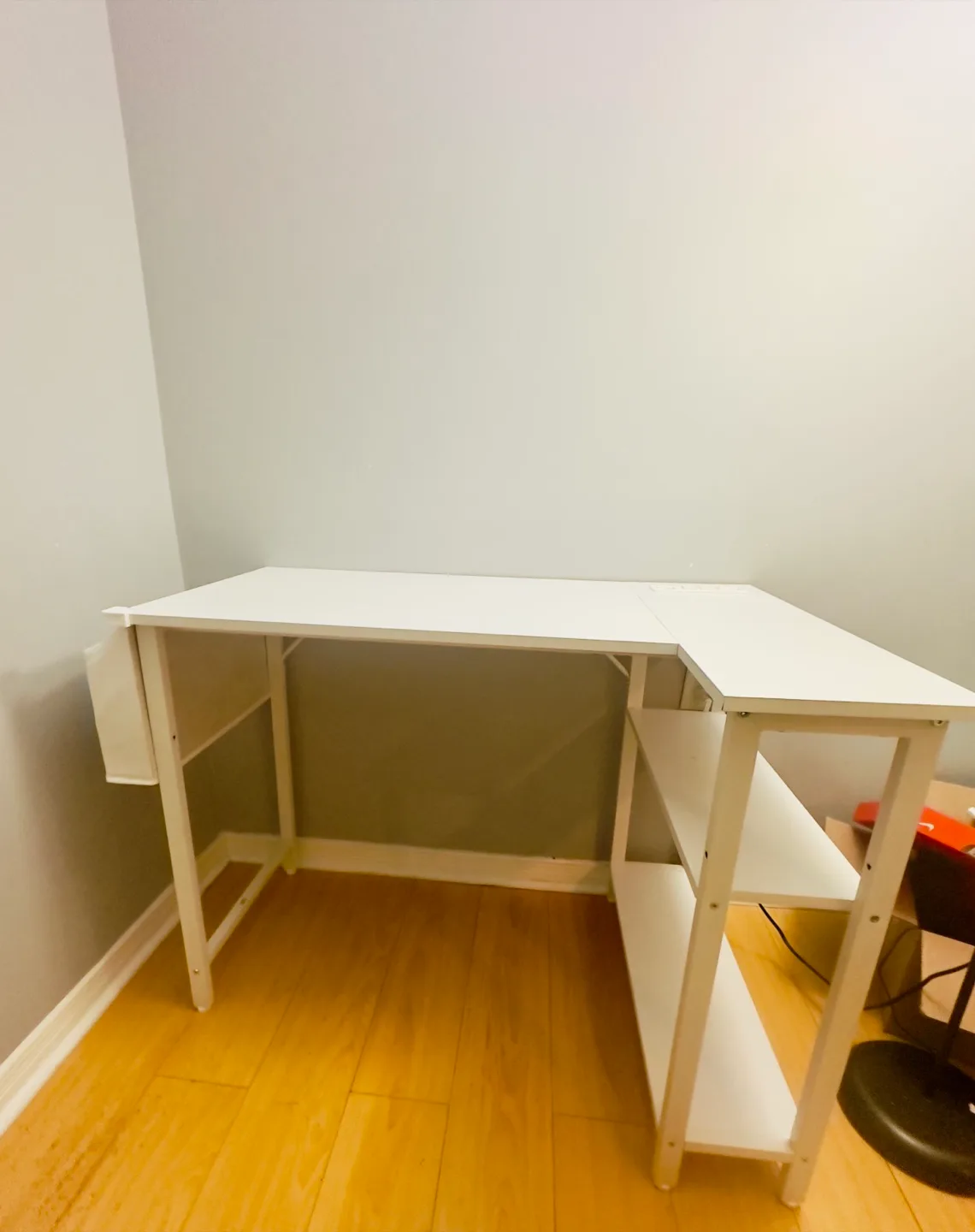 New White L-Shaped Office Desk with Shelves & Power outlet image indicator(2)