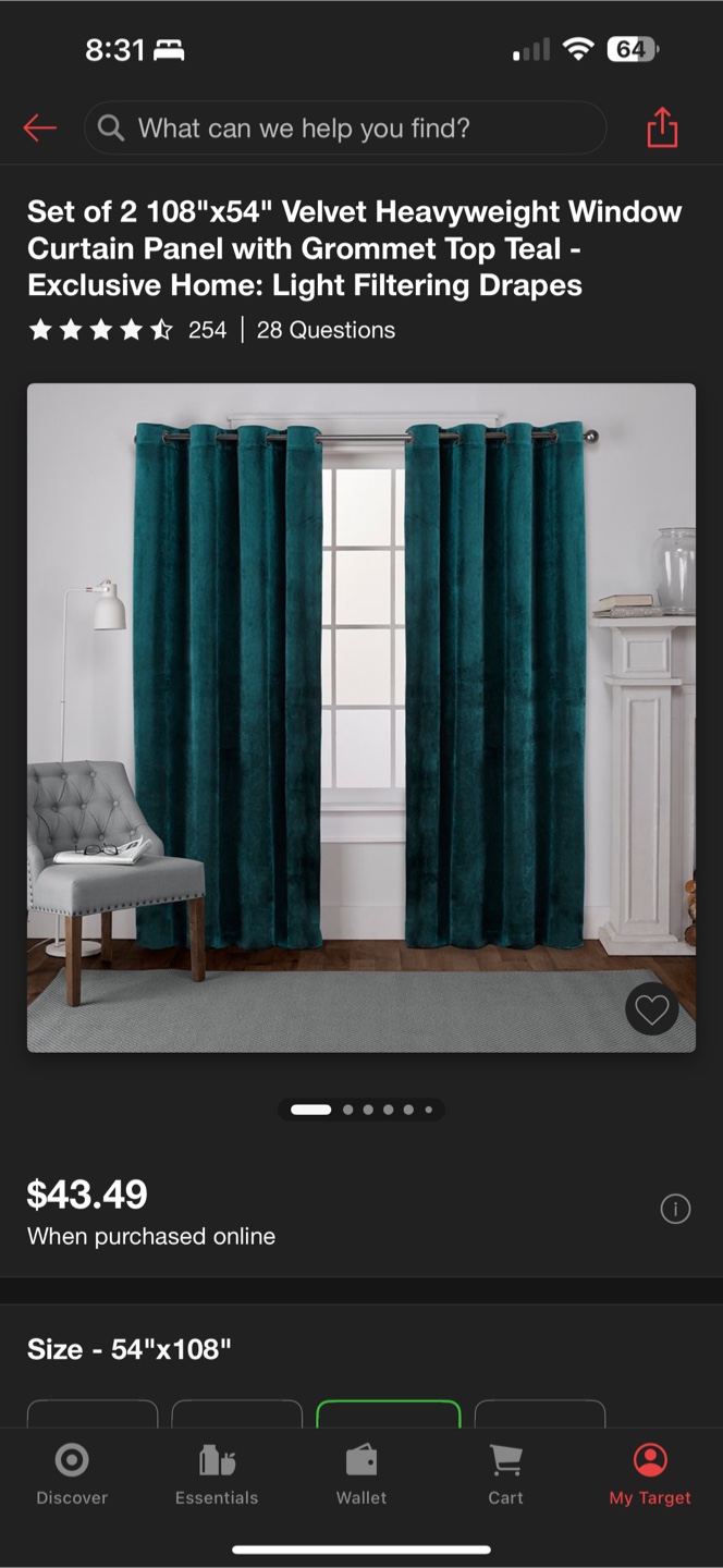 Velvet Heavyweight Window Curtain Panel Teal 54"x108"