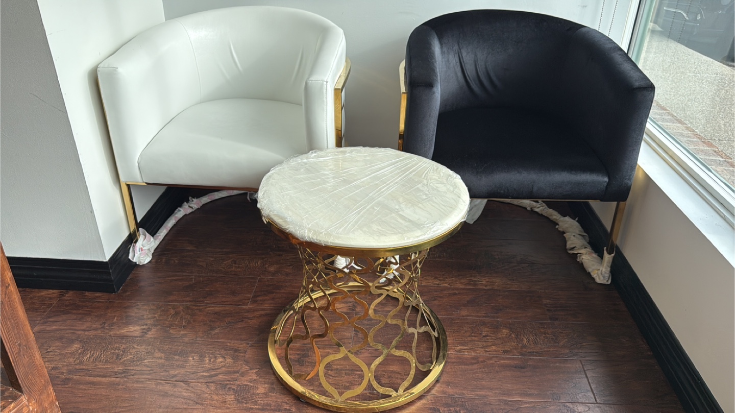 White and Black Accent Chairs with Gold Legs