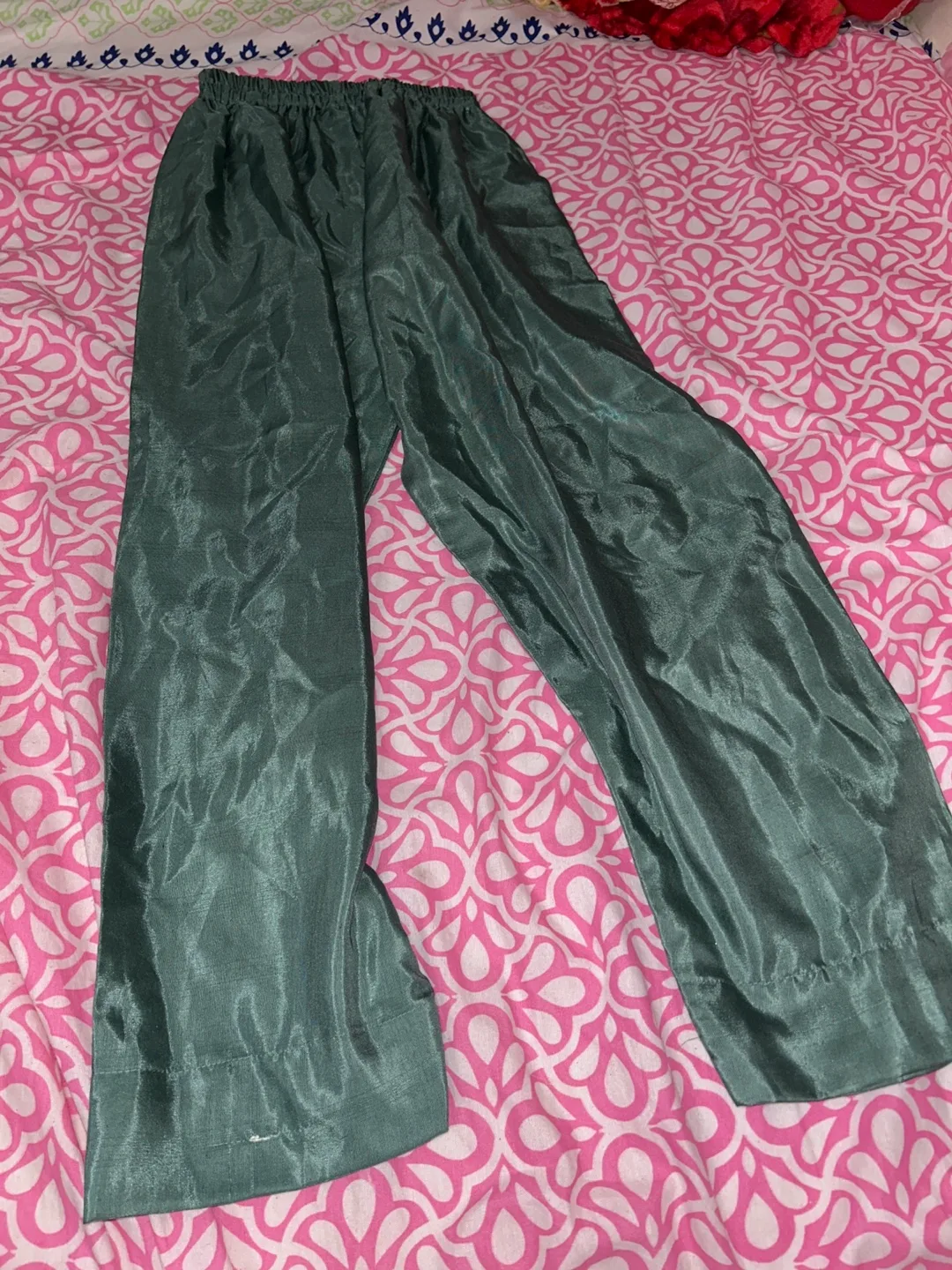 Satin turquoise green cotton pants with elastic waistband thumbnail