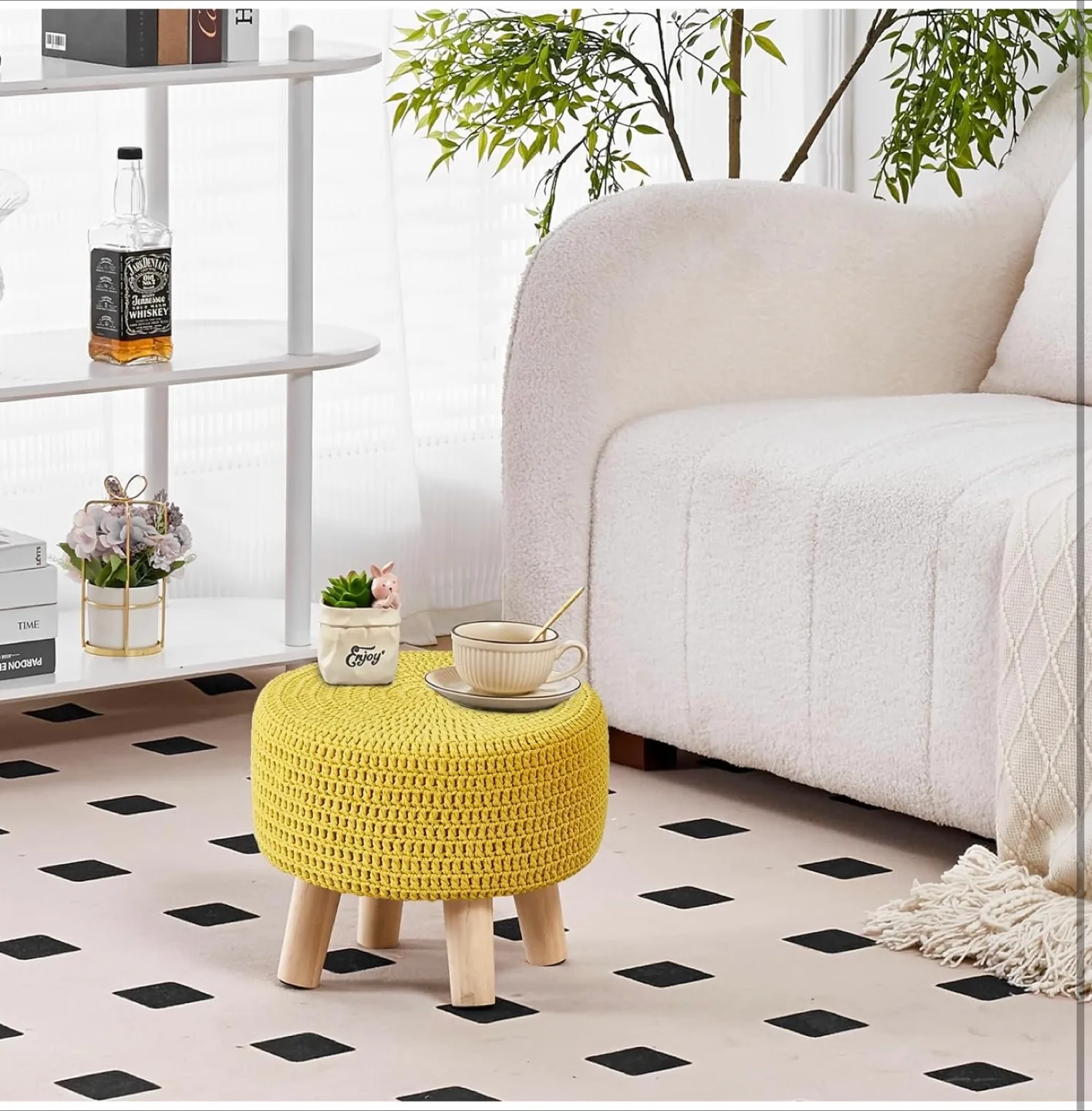 Yellow Crochet Ottoman Foot Rest - 13" image indicator(6)