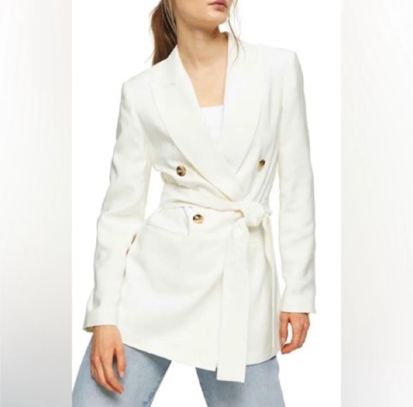 Topshop Women's Belted Twill Blazer, Size 10 Ivory thumbnail