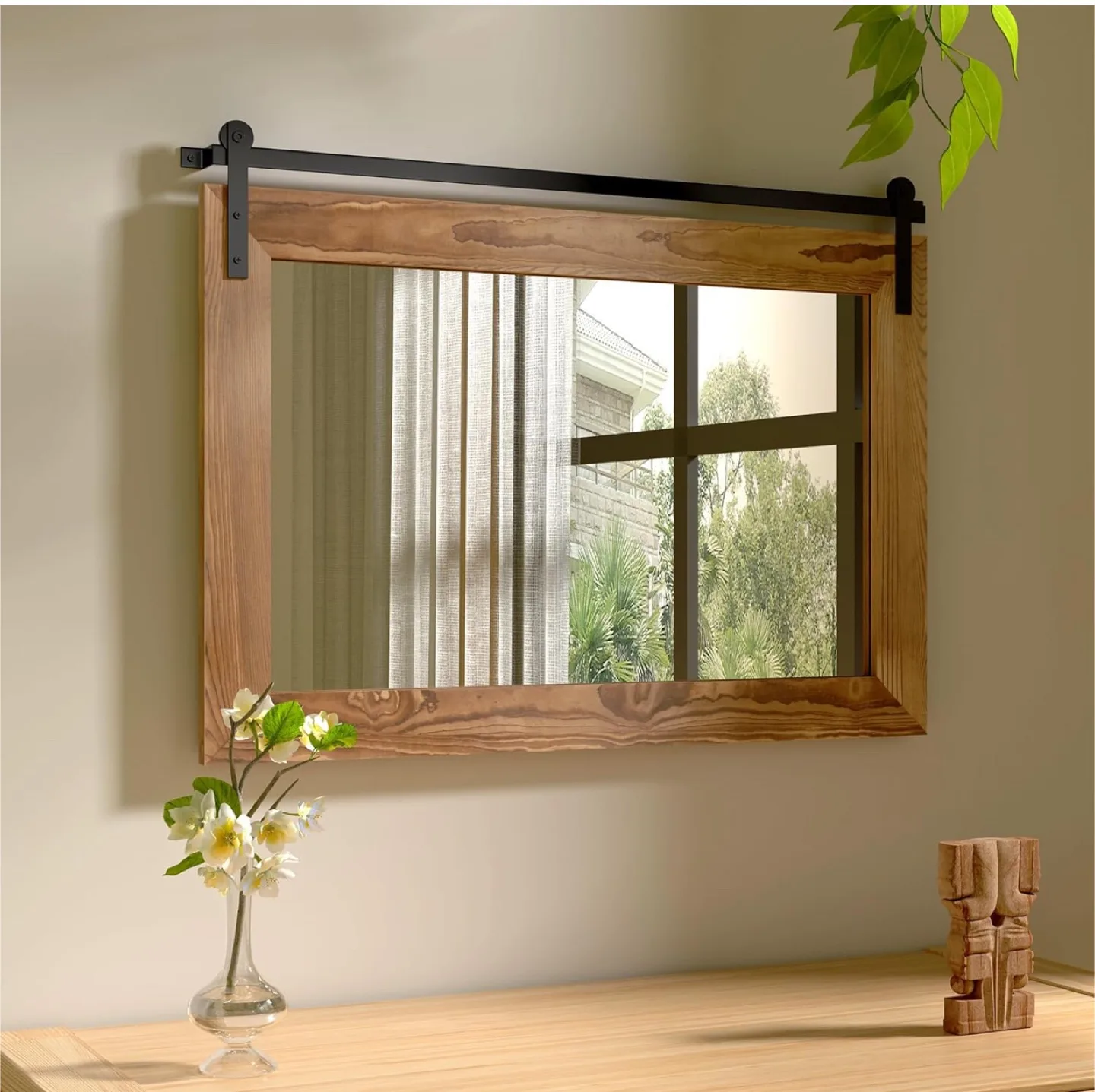 Wood Framed Mirror with Sliding Barn Door Hardware