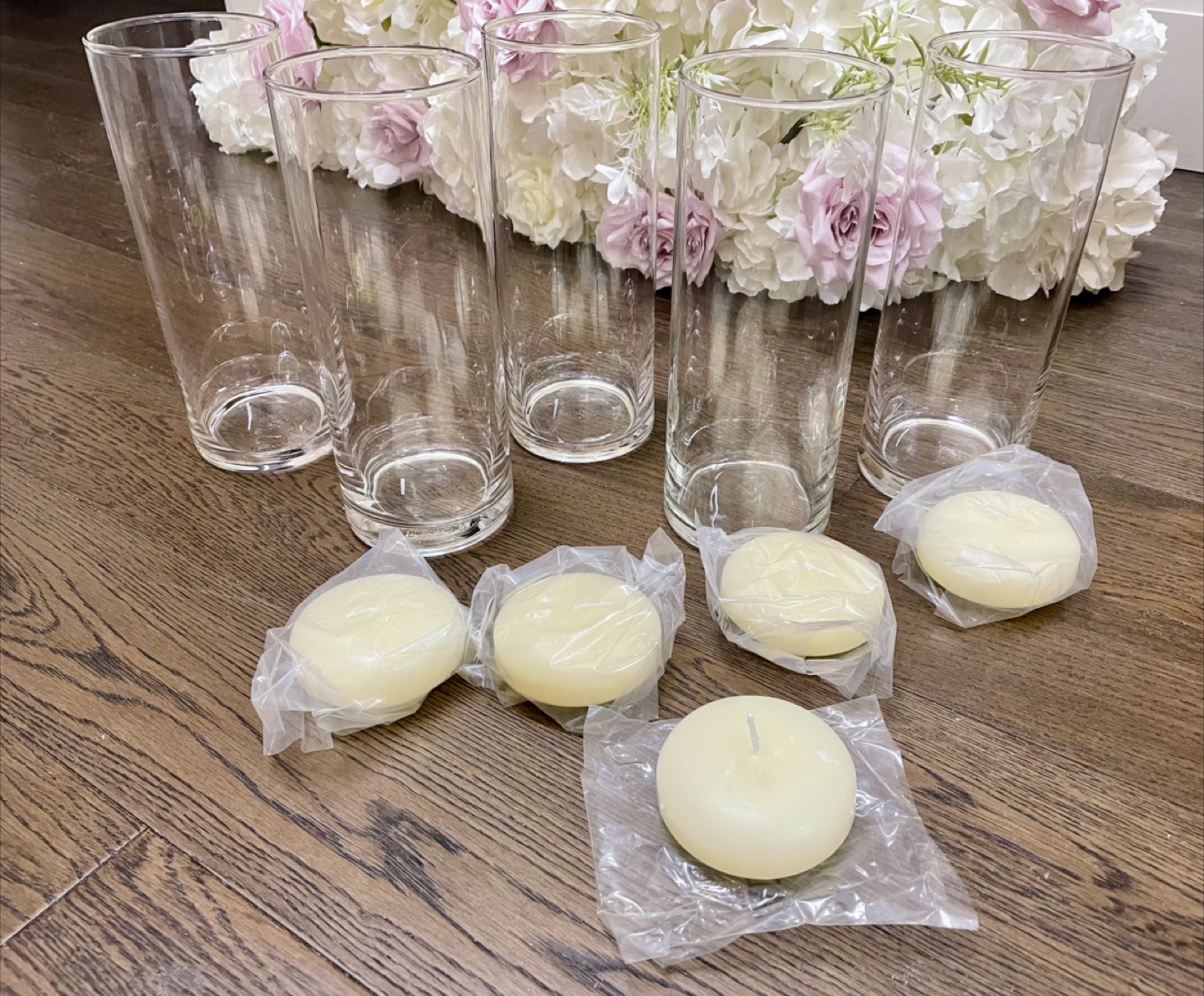 Cylinder Glass Vases with floating candles (Set of 5)