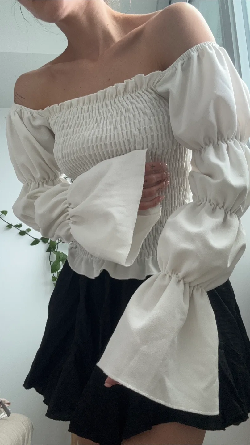 White Off-the-Shoulder Smocked Blouse thumbnail