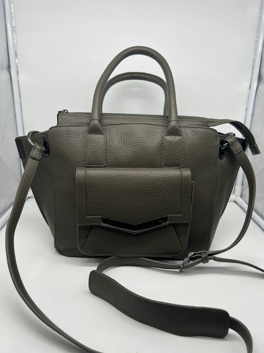 Time’s Arrow Mini Jo Khaki Green Pebbled Leather Satchel thumbnail