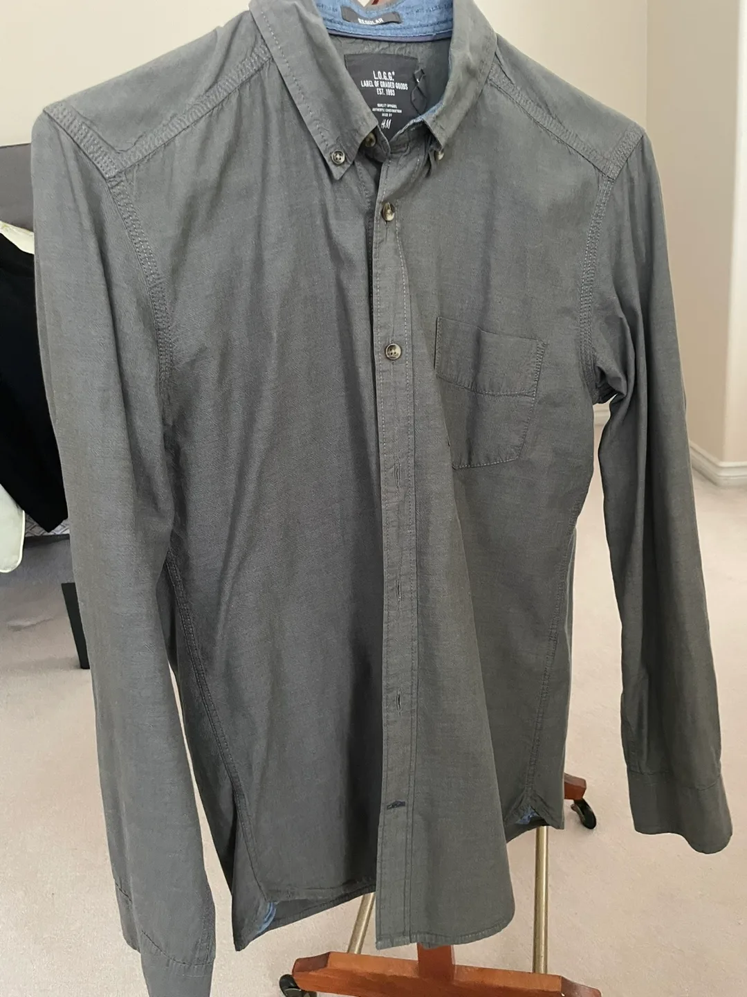 H&M L.O.G.G. Grey Button-Up Shirt - Size S thumbnail