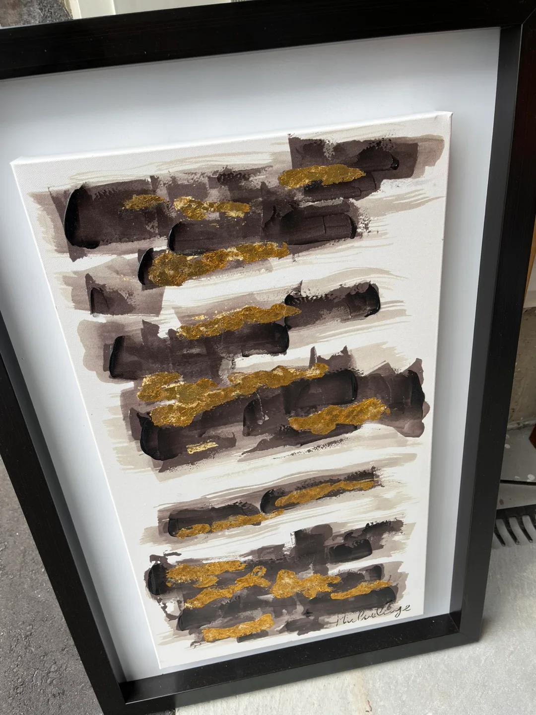 Framed Abstract Painting - Black, Gold, White thumbnail