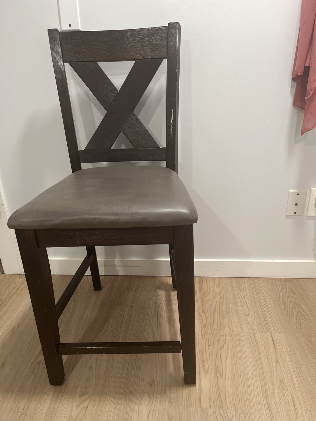 Dark Brown Wooden Bar Stool with Grey Seat