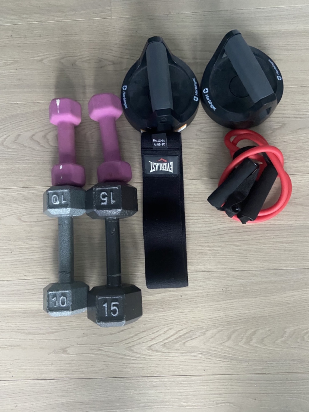 Harbinger Push-up Stands, Everlast Band, Dumbbells