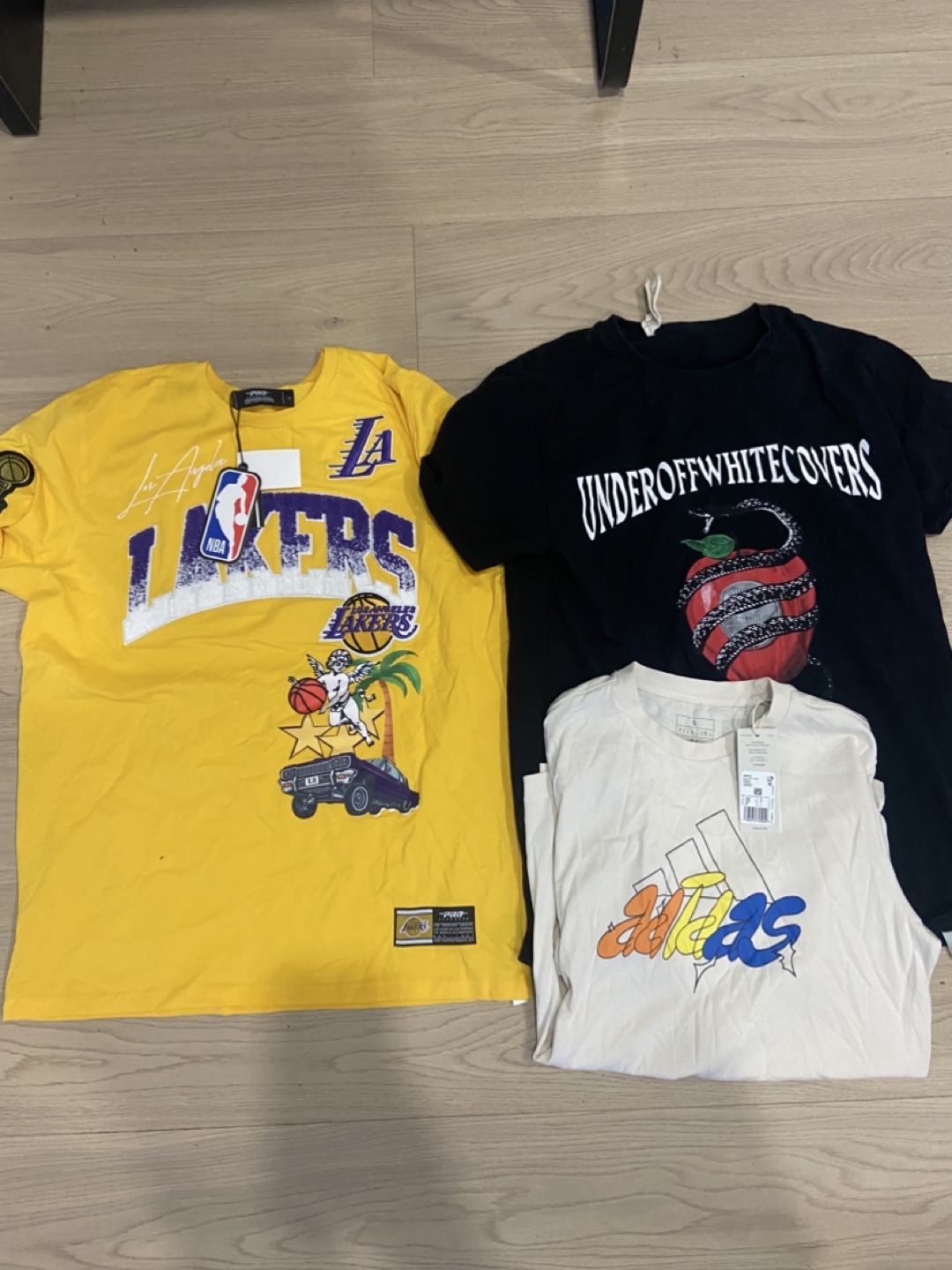 Assorted T-shirts: Lakers, Off White, Adidas