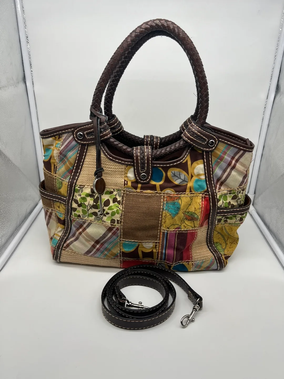 Fossil Vintage Patchwork Raffia Leather Trim Bag thumbnail