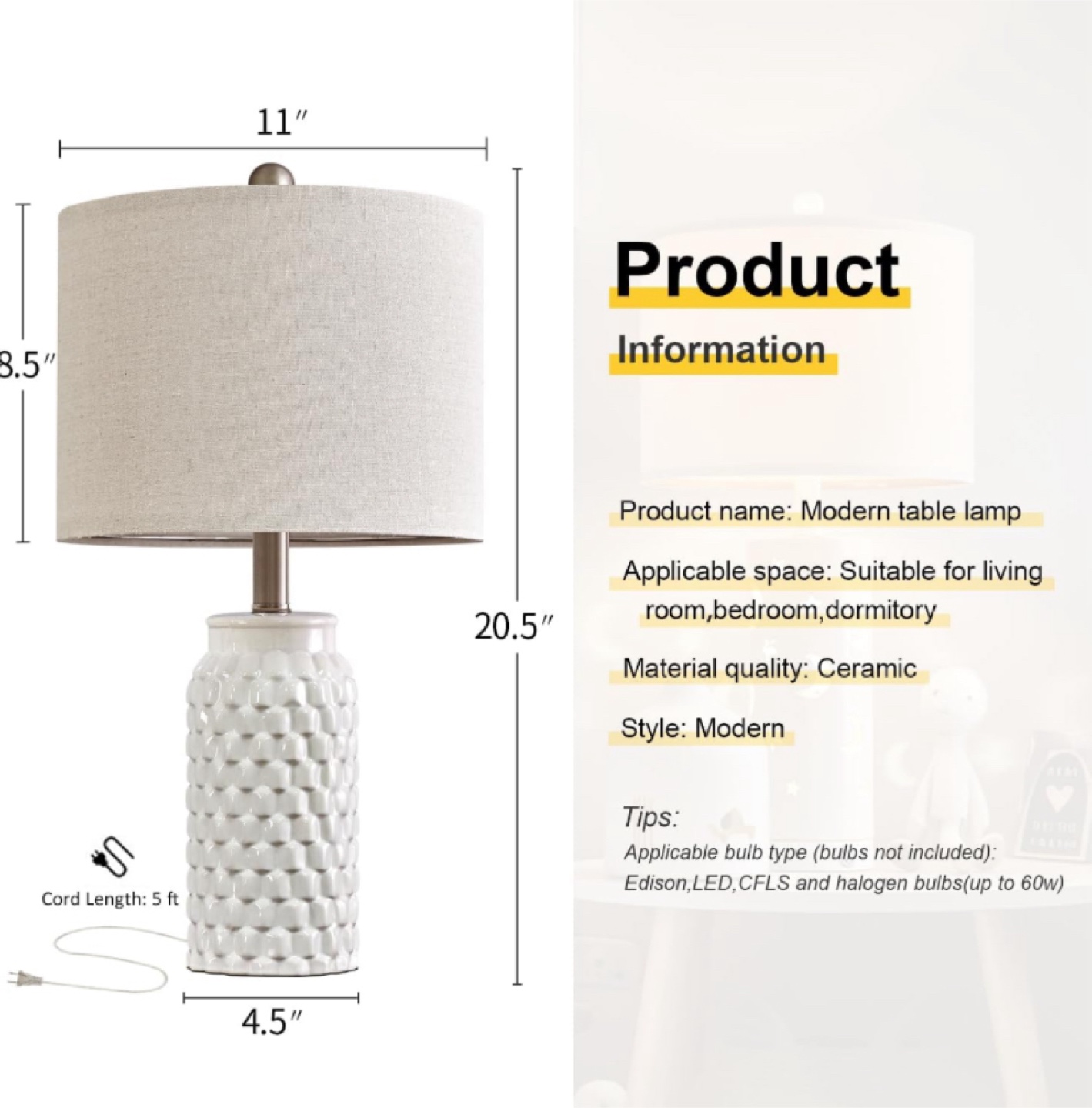 USumkky 21” White Ceramic Bedside Table Lamps - Set of 2 - photo 2