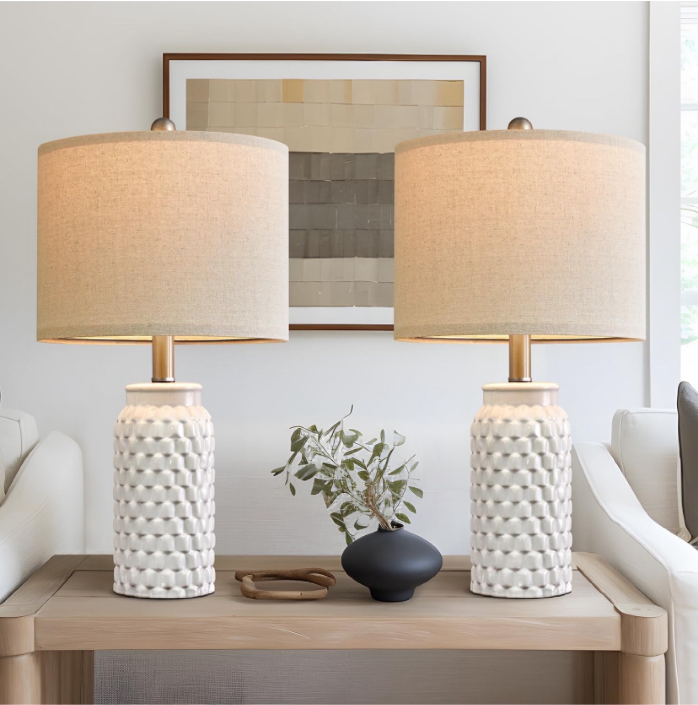 USumkky 21” White Ceramic Bedside Table Lamps - Set of 2
