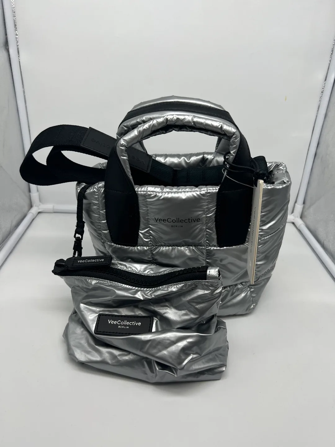 Vee Collective Mini Porter Silver Metallic Vegan Leather Tote thumbnail