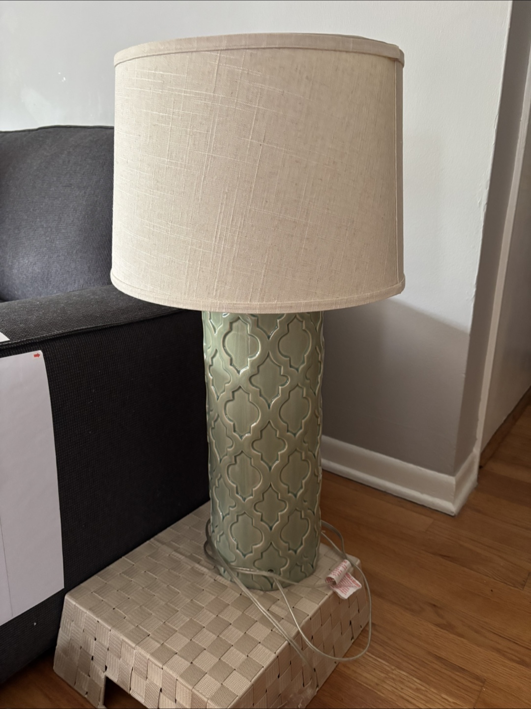 Green Ceramic Table Lamp with Beige Shade