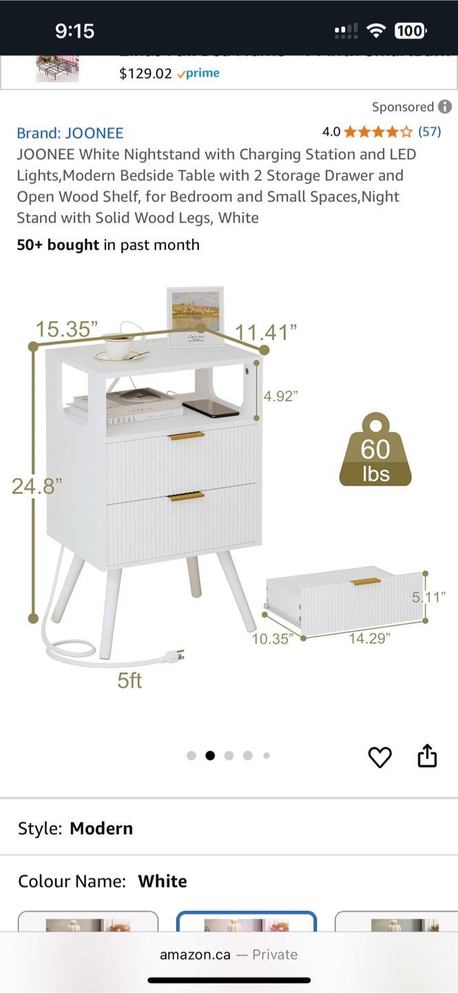 JOONEE White Nightstand with Charging Station
