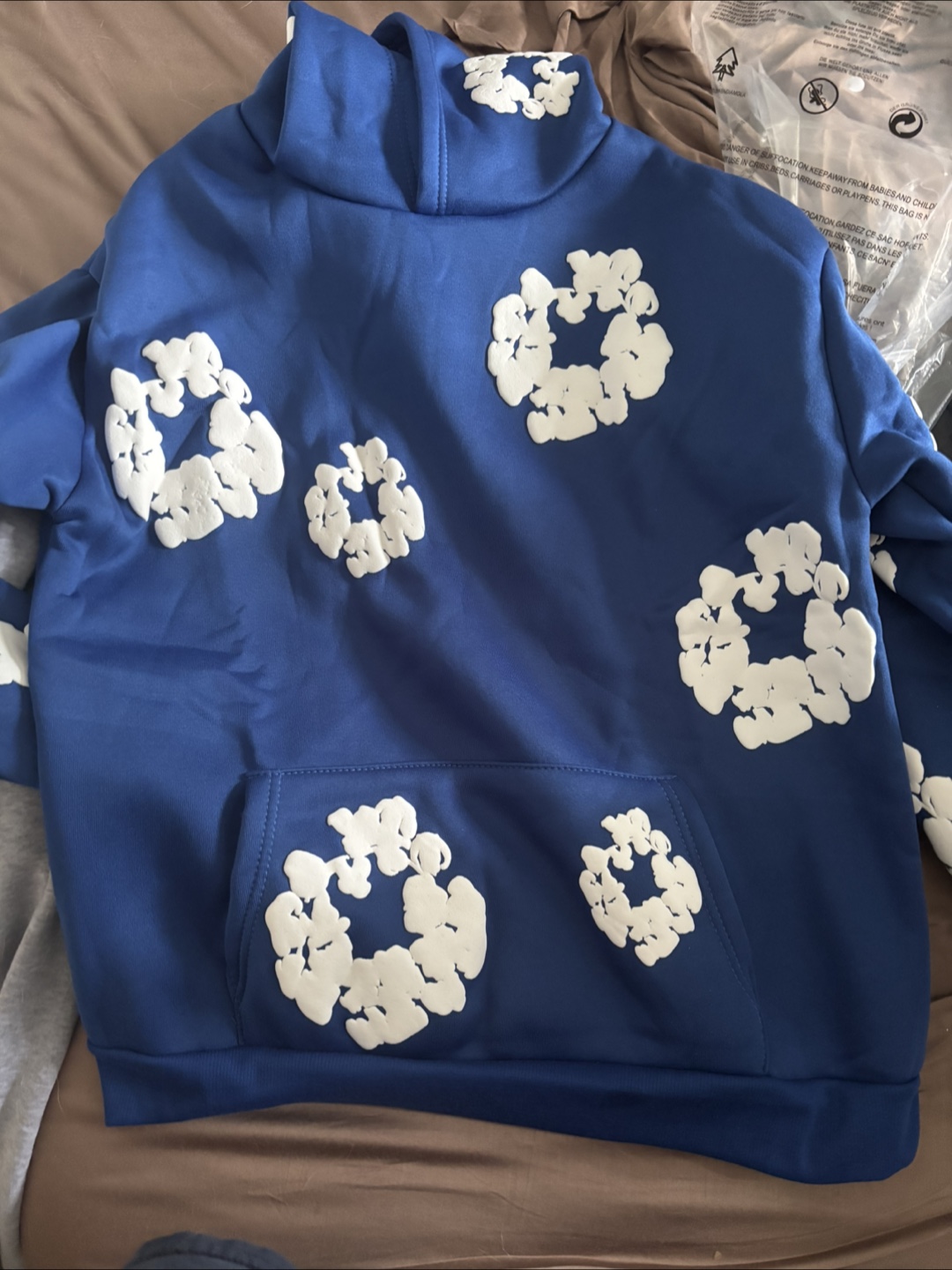 Blue Hoodie with White Floral Design