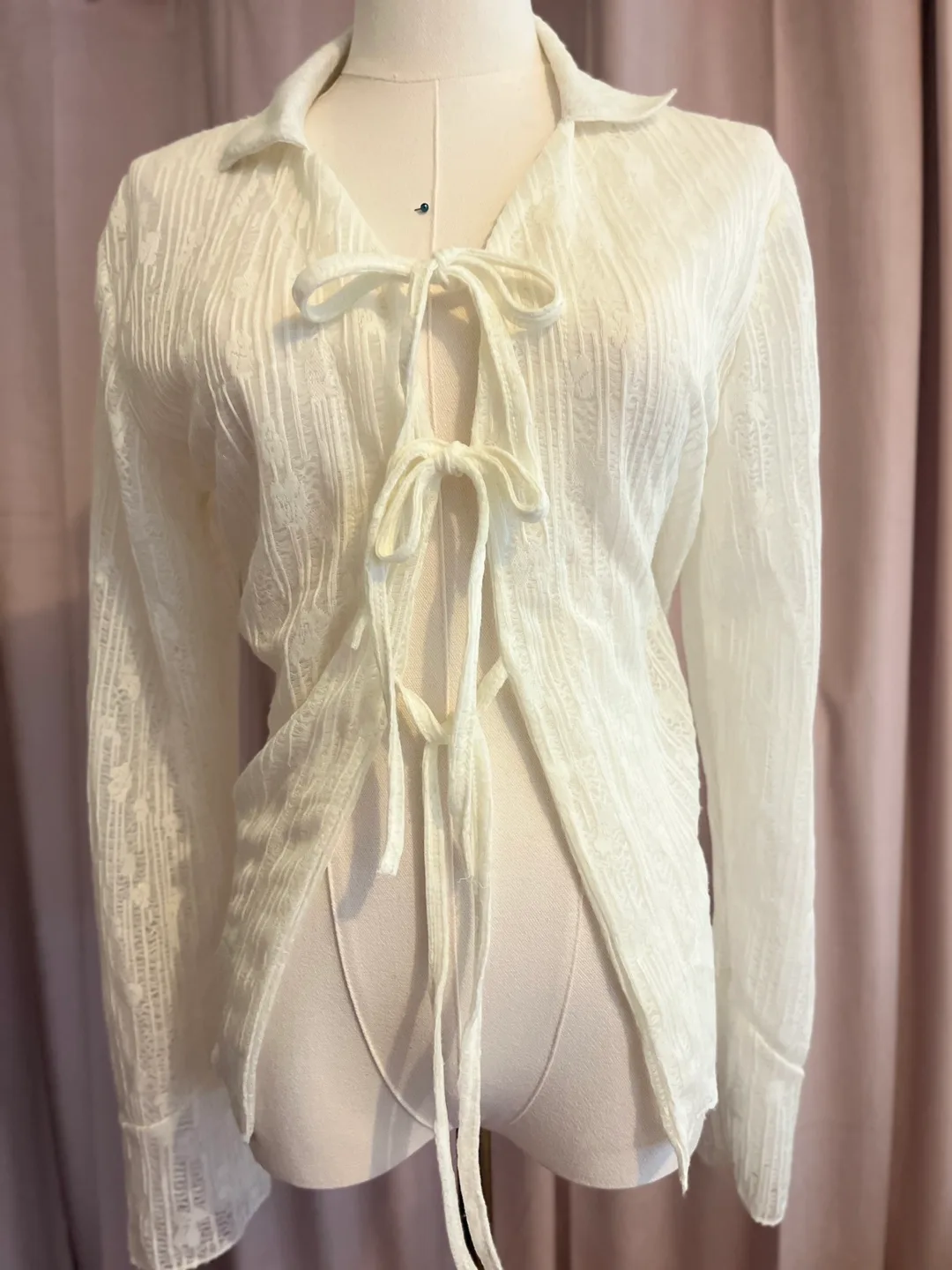 White Long Sleeve Tie Top thumbnail