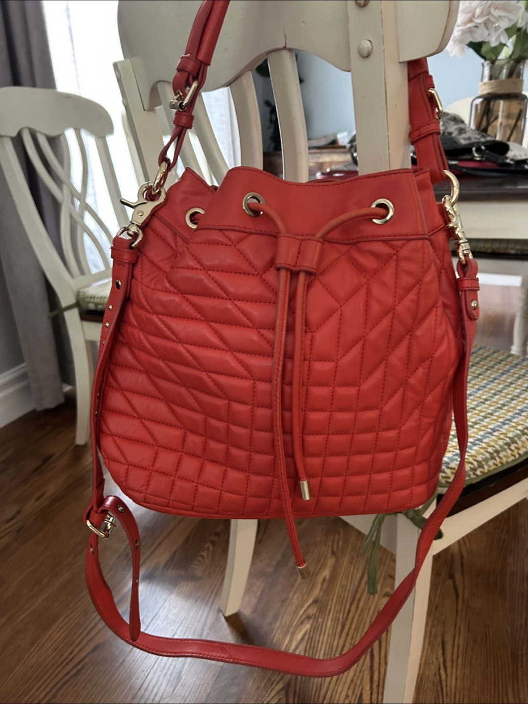 Badgley Mischka Red Quilted Bucket Bag
