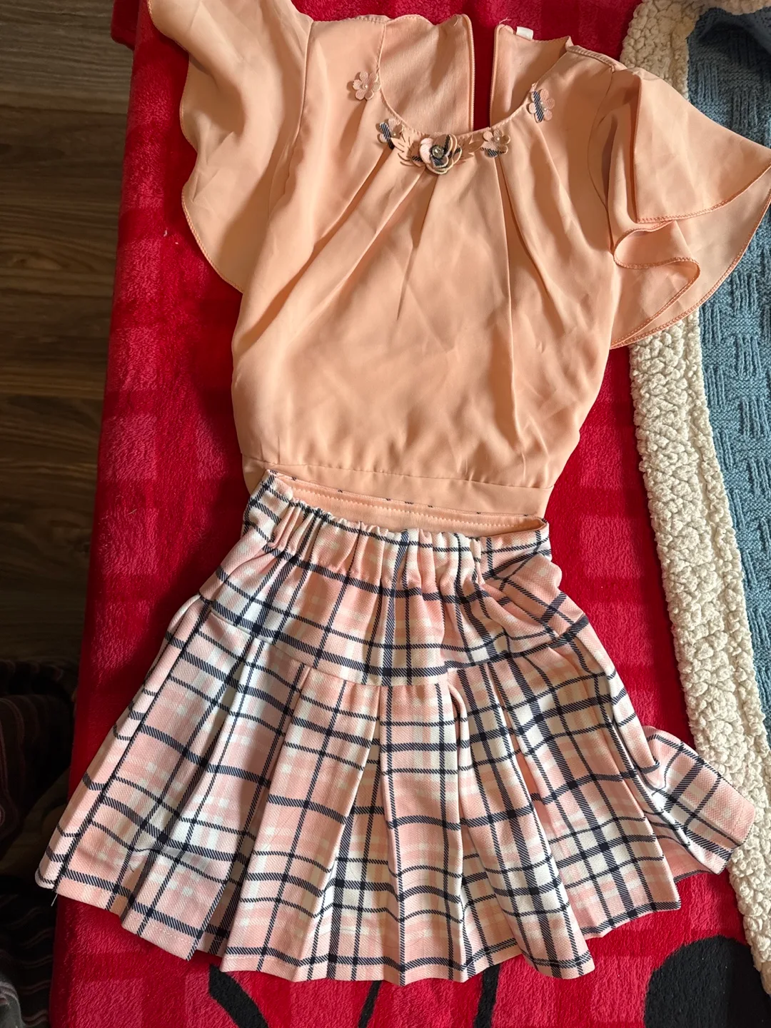Peach Blouse & Plaid Skirt Set thumbnail