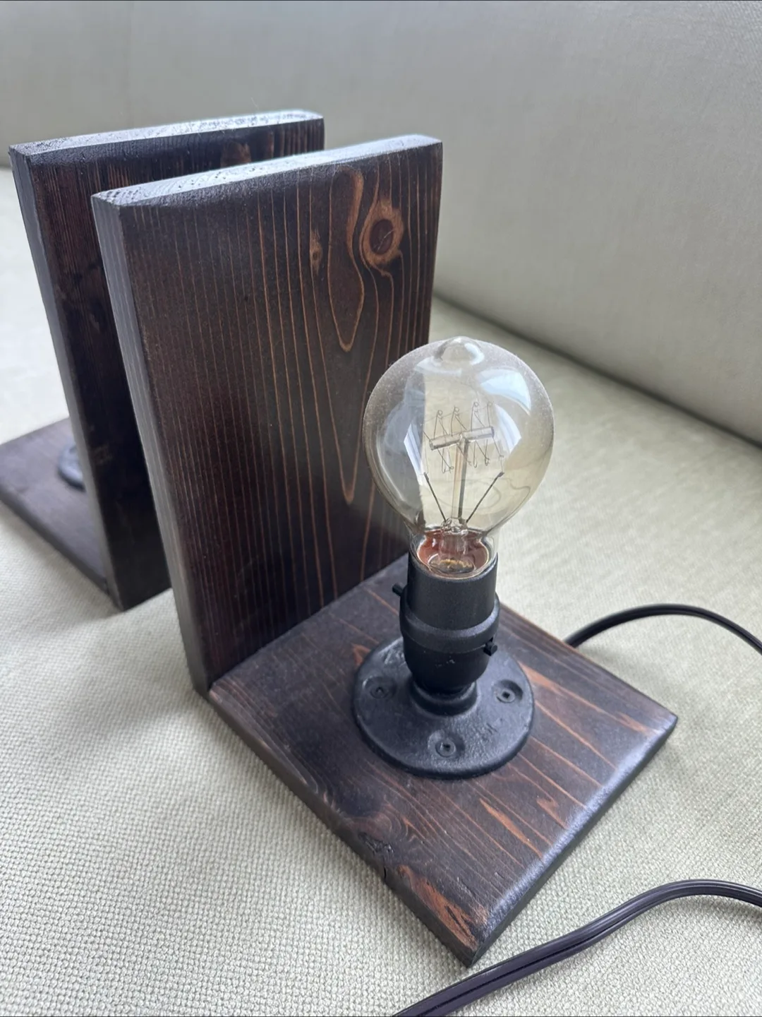 Industrial Style Wood & Pipe Bookends with Edison Bulb Lamp thumbnail