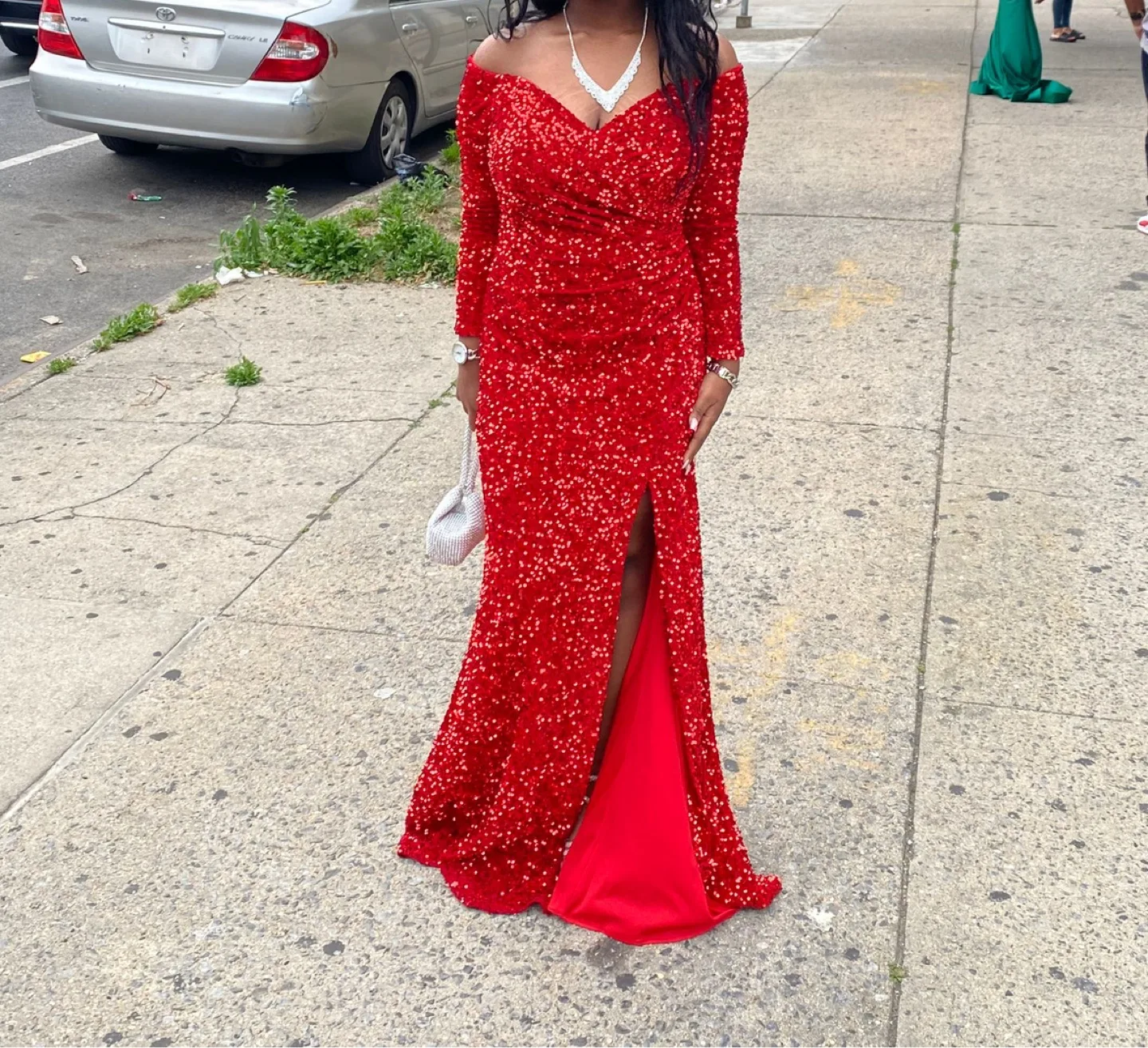 Red Sequin Long Sleeve Prom Dress thumbnail