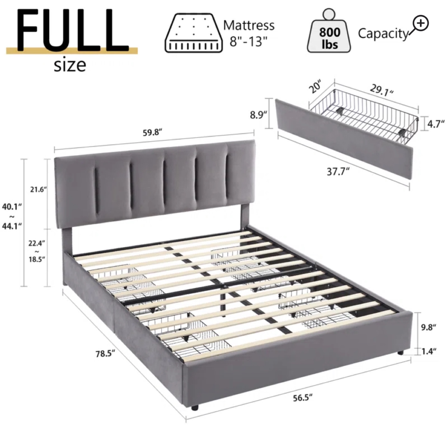 Full Size Grey Upholstered Platform Bed Frame - photo 5