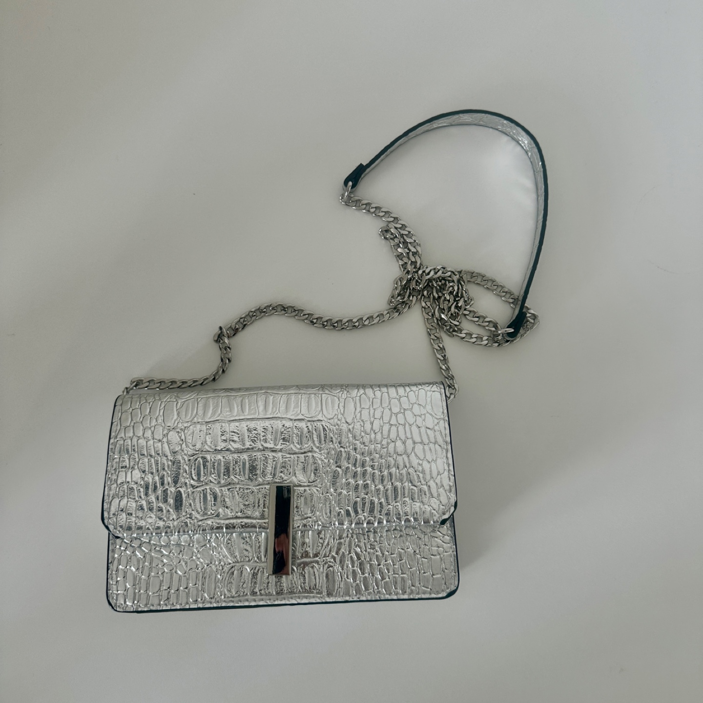 Silver Croc Embossed Clutch with Chain Strap
