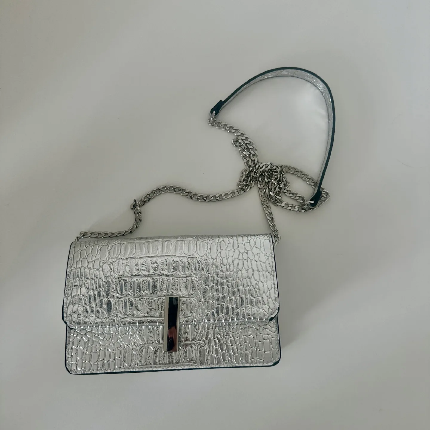 Silver Croc Embossed Clutch with Chain Strap thumbnail