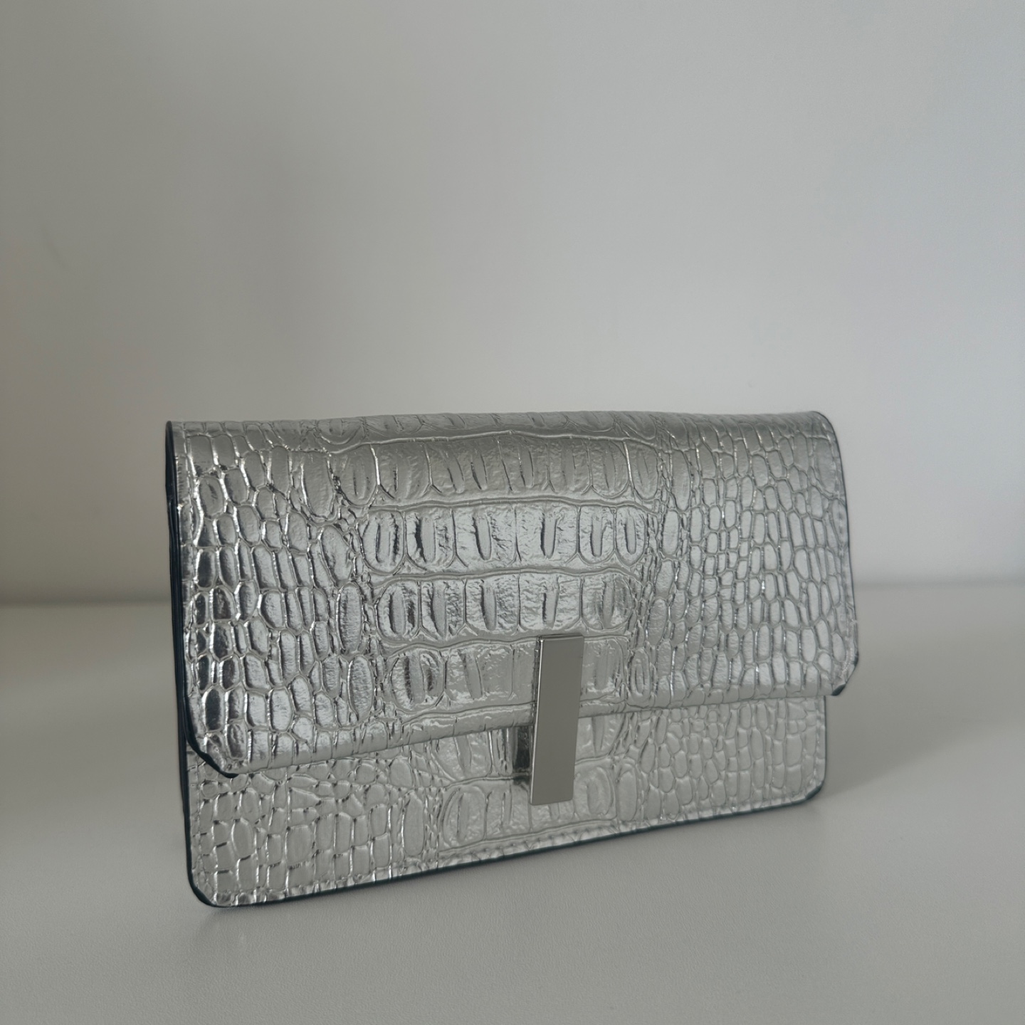 Silver Croc Embossed Clutch with Chain Strap - photo 2