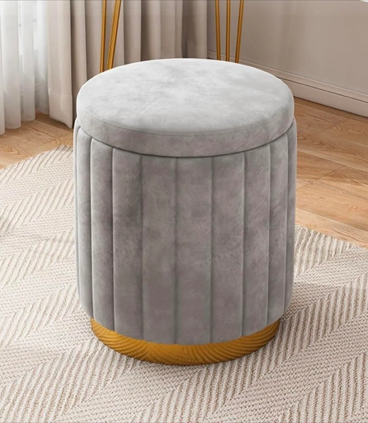 Grey Velvet Round Ottoman Stool with Storage thumbnail