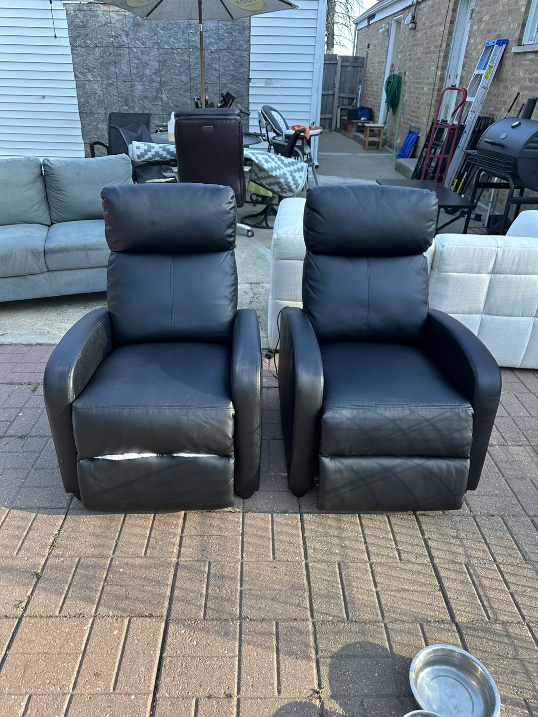 Pair of Black Leather Recliners - 32 inches