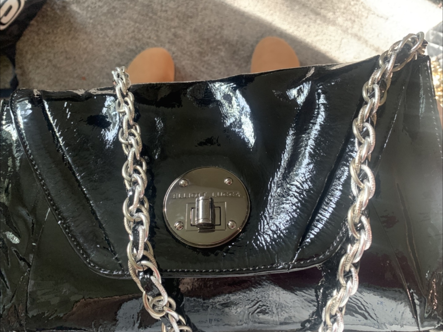 Elliott Lucca Black Patent Leather Chain Bag