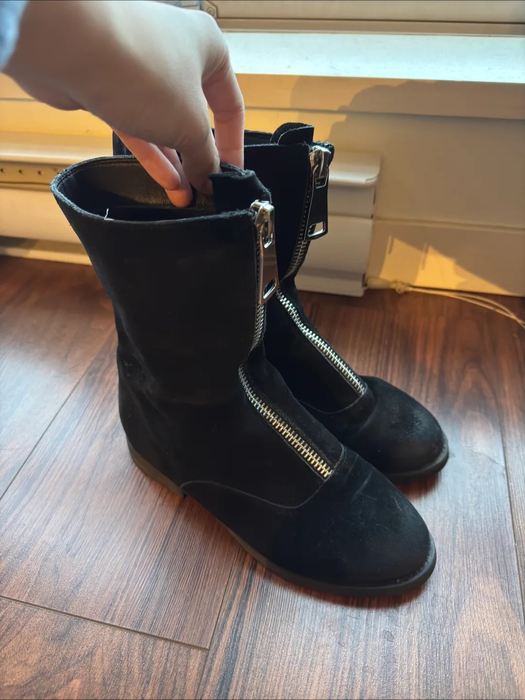 Black Suede Ankle Boots with Zipper fleece lining thumbnail