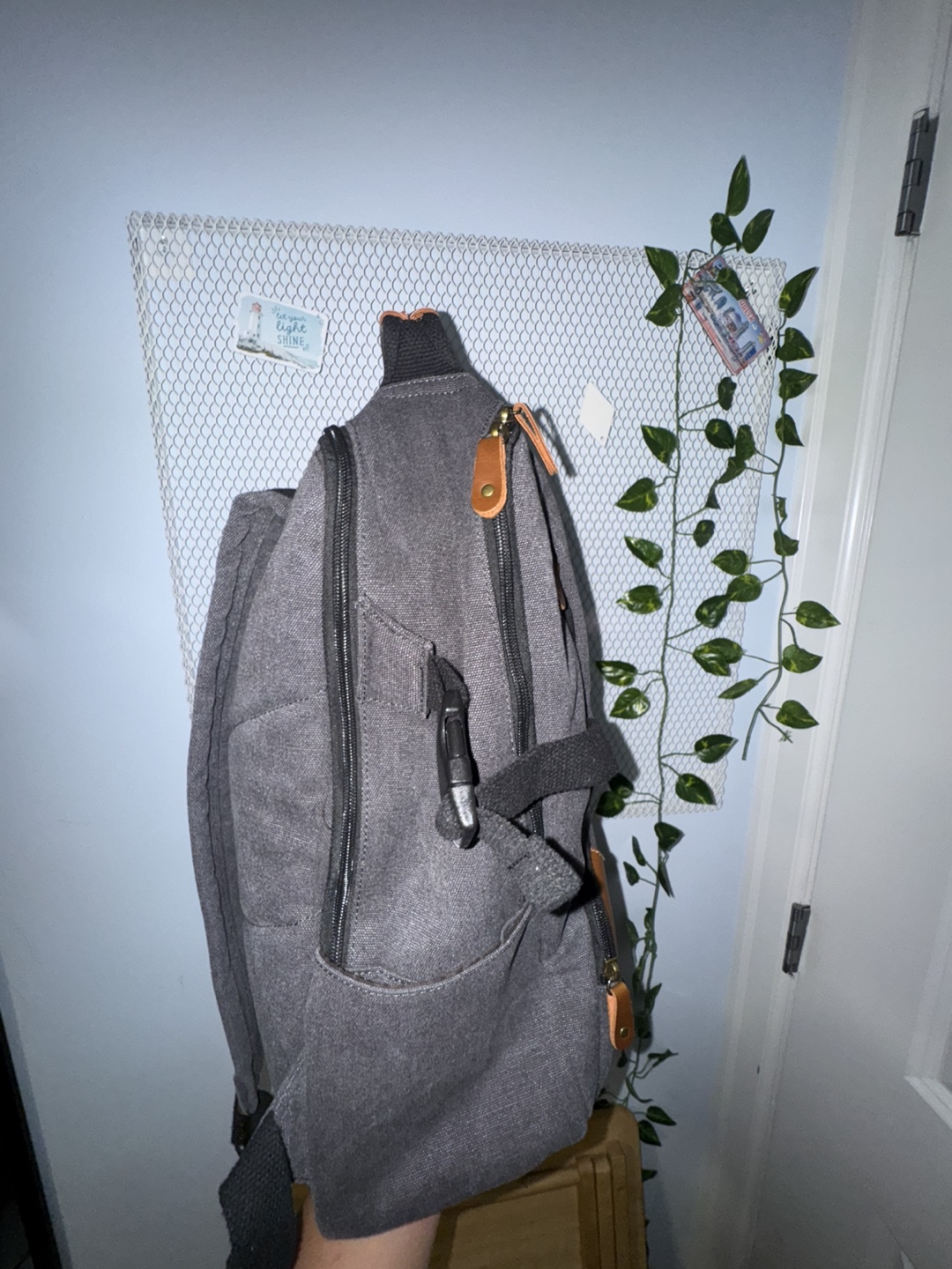 Grey Canvas Backpack with Leather Accents - photo 3