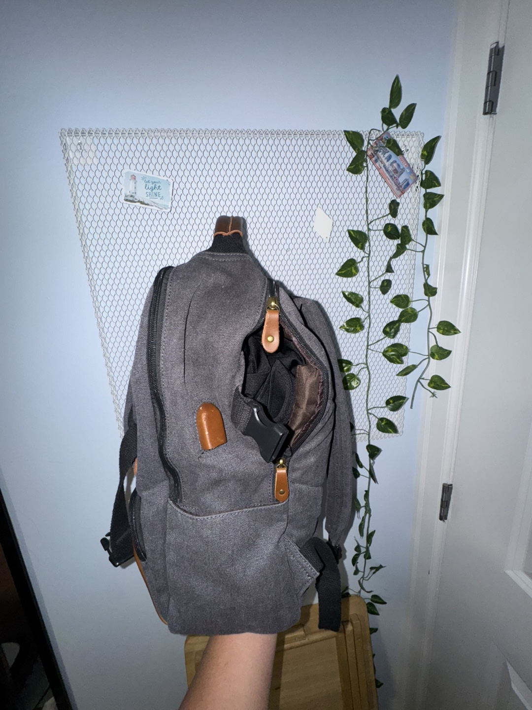 Grey Canvas Backpack with Leather Accents - photo 4
